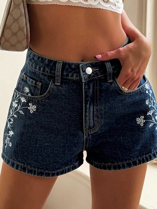 Pants - Dark Wash Casual Women's Regular Waist Side Floral Embroidery Denim Shorts